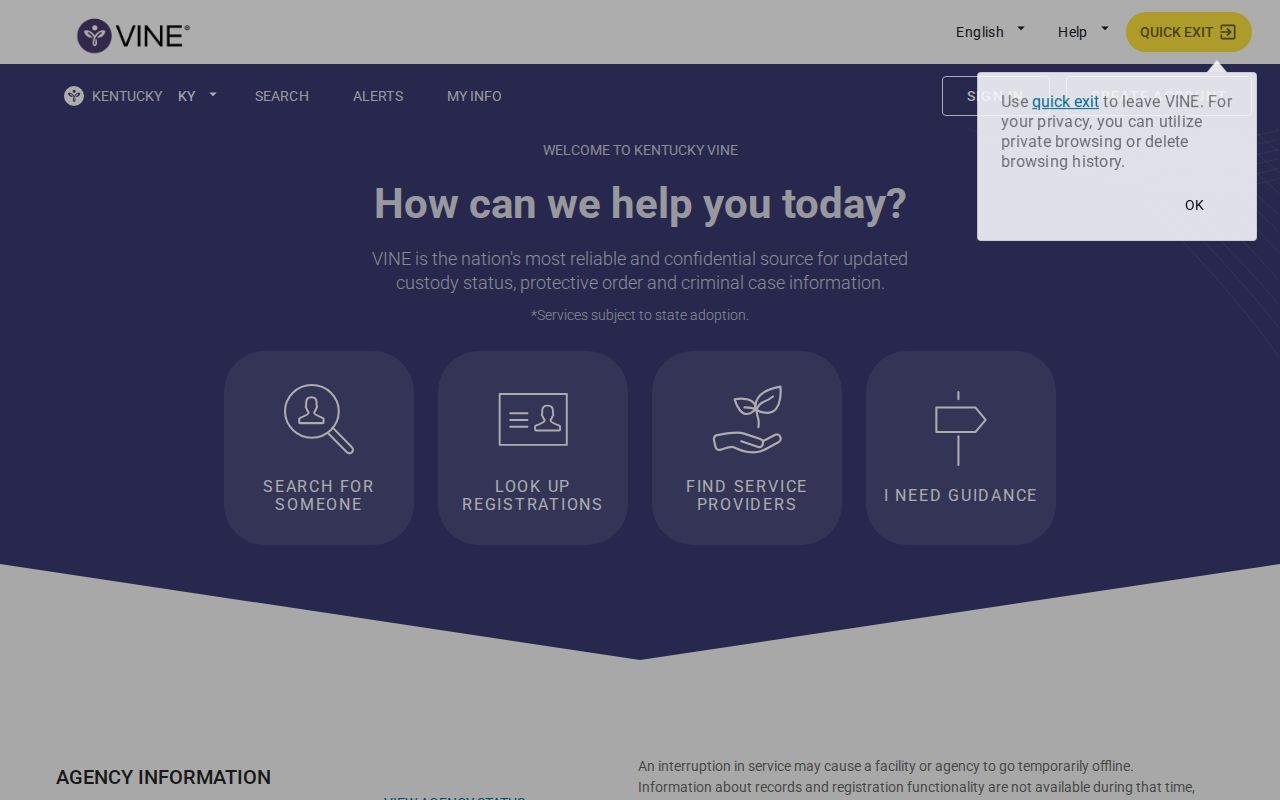 Kentucky VINELink custody search and notification entry page