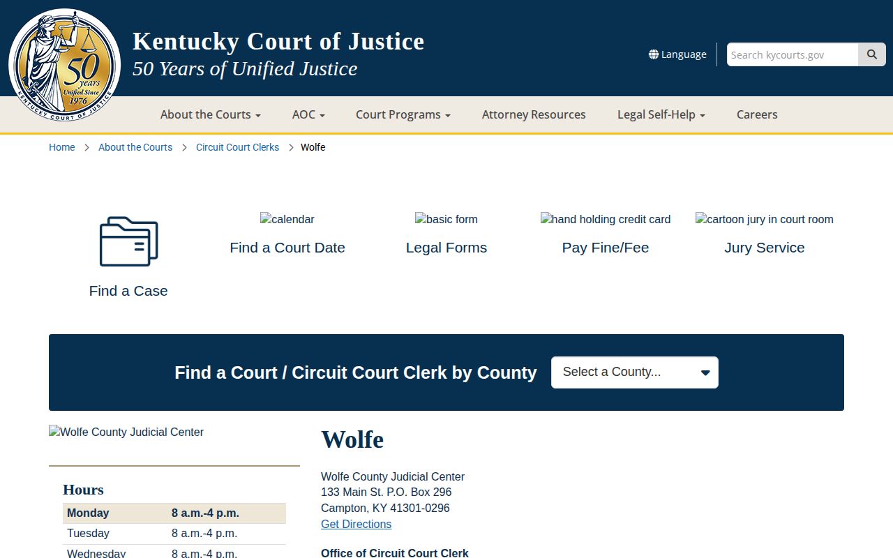 Wolfe County Court of Justice page with clerk and case access information